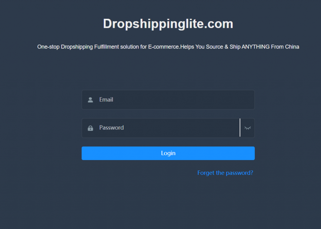 DropshippingLite App login screen with email, password and Login button