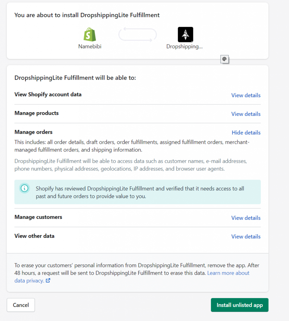 Shopify authorization page for DropshippingLite Fulfillment with Install unlisted app button