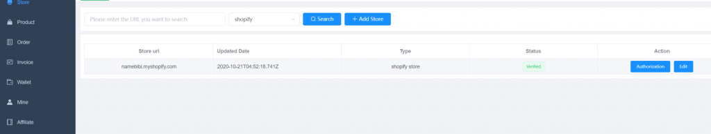 DropshippingLite App store list showing the connected Shopify store with Verified status